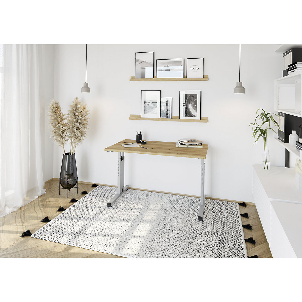 Mini-Office C desk, C-foot frame, width 1400 mm, oak finish / aluminium silver.