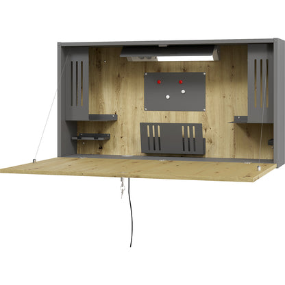 Mini-Office wall-mounted desk, HxWxD 650 x 1200 x 260 mm, graphite / oak finish.