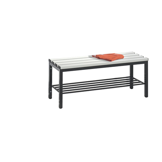 BASIC changing room bench, plastic slats, length 1000 mm, light grey, shoe rack.