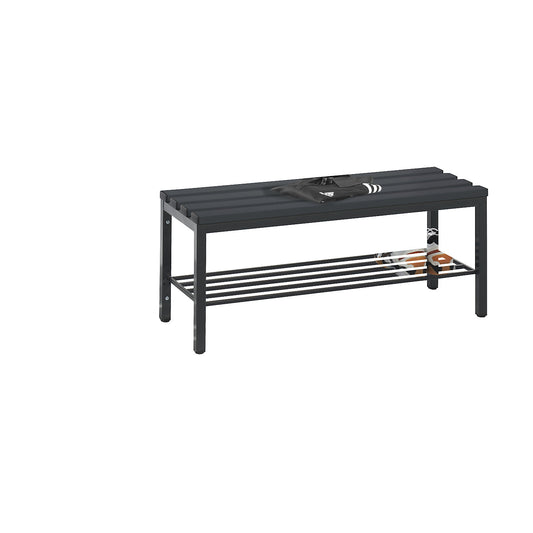 BASIC changing room bench, plastic slats, length 1000 mm, black grey, shoe rack.