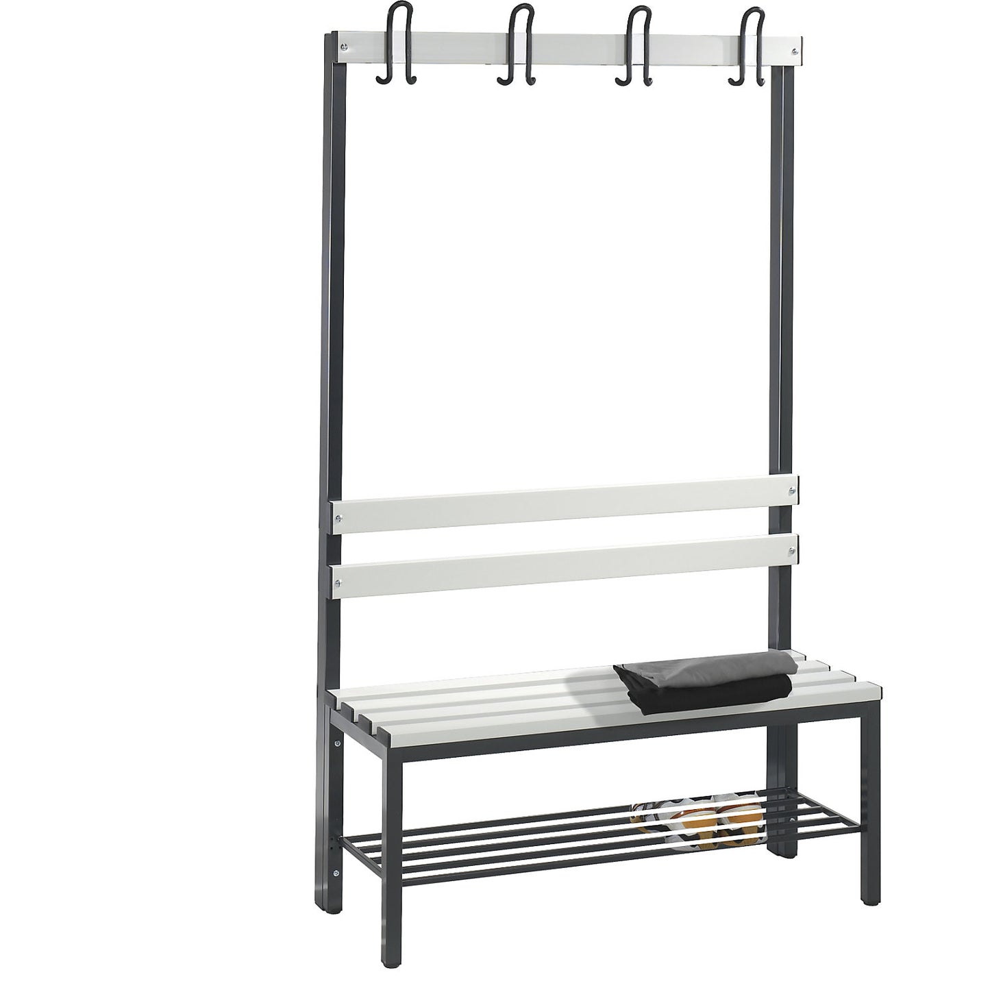 BASIC changing room bench, single sided, plastic slats, length 1000 mm, light grey, shoe rack.
