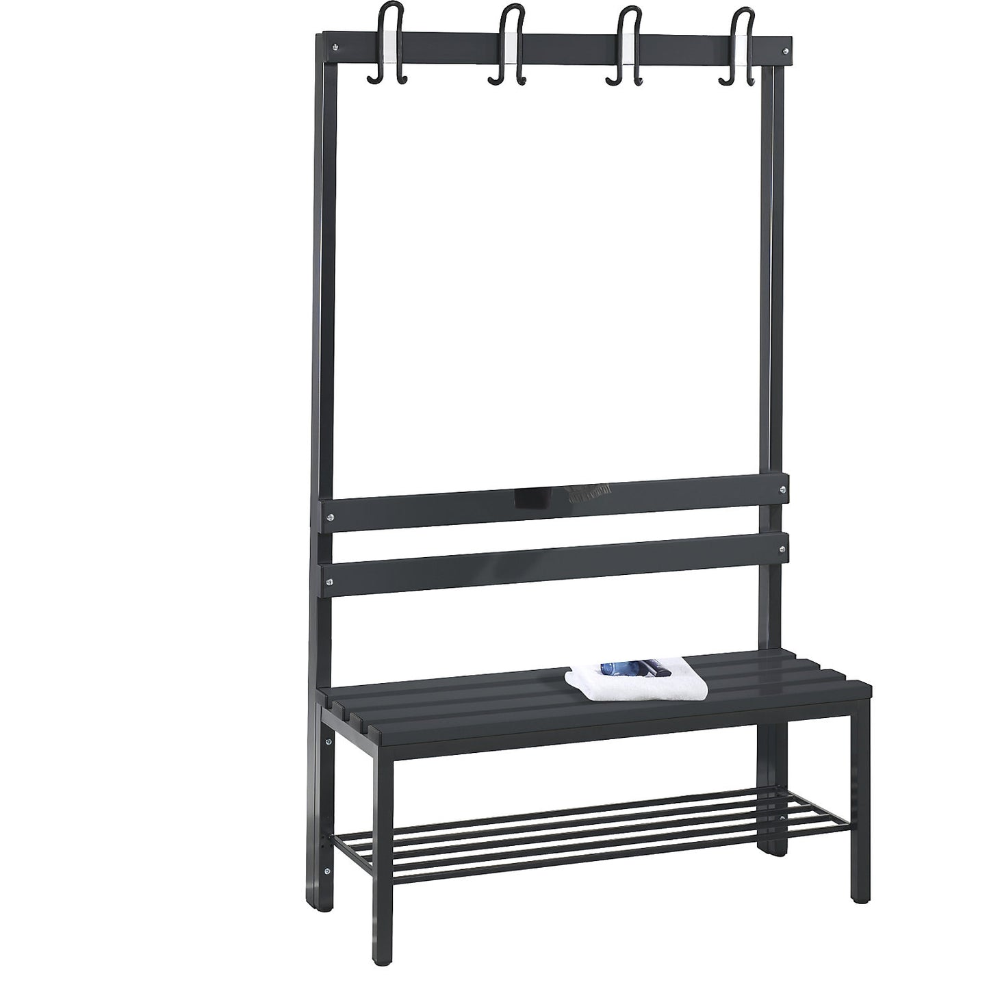 BASIC changing room bench, single sided, plastic slats, length 1000 mm, black grey, shoe rack.