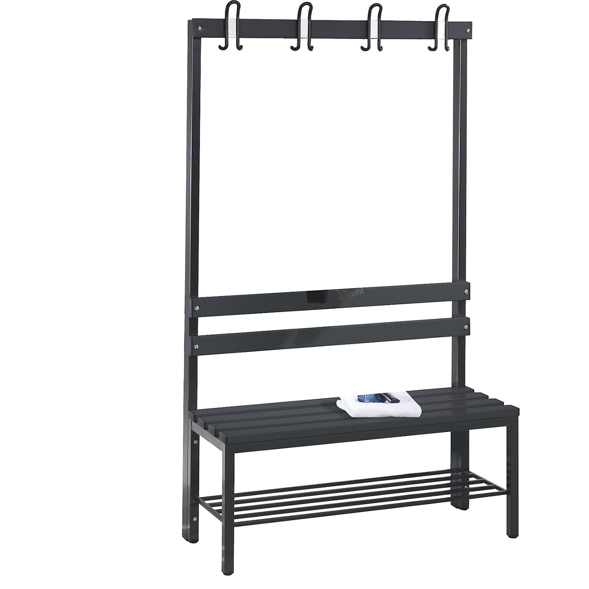 BASIC changing room bench, single sided, plastic slats, length 1000 mm, black grey, shoe rack.