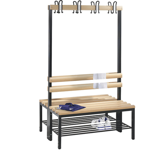BASIC changing room bench, double sided, beech wood slats, length 1000 mm, shoe rack.