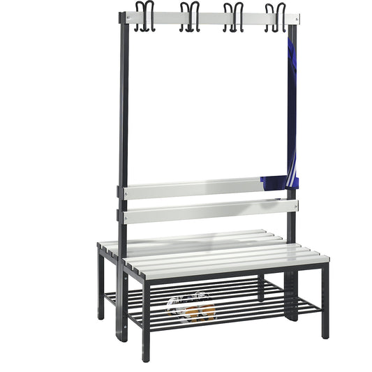 BASIC changing room bench, double sided, plastic slats, length 1000 mm, light grey, shoe rack.