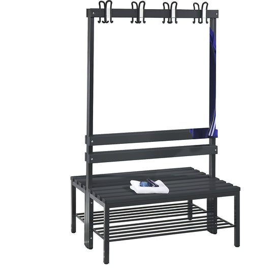 BASIC changing room bench, double sided, plastic slats, length 1000 mm, black grey, shoe rack.