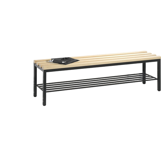 BASIC changing room bench, beech wood slats, length 1500 mm, shoe rack.