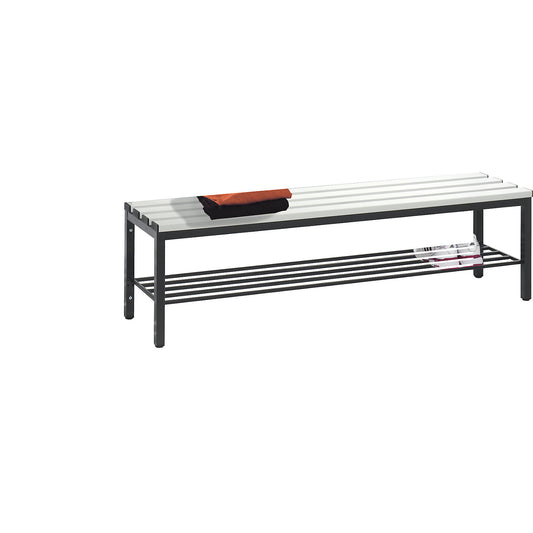 BASIC changing room bench, plastic slats, length 1500 mm, light grey, shoe rack.