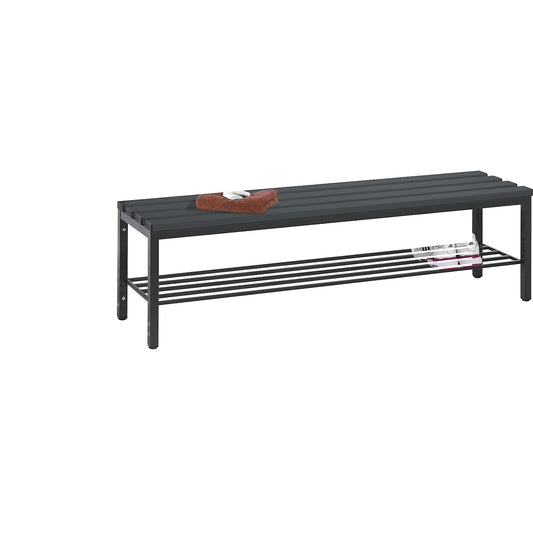 BASIC changing room bench, plastic slats, length 1500 mm, black grey, shoe rack.