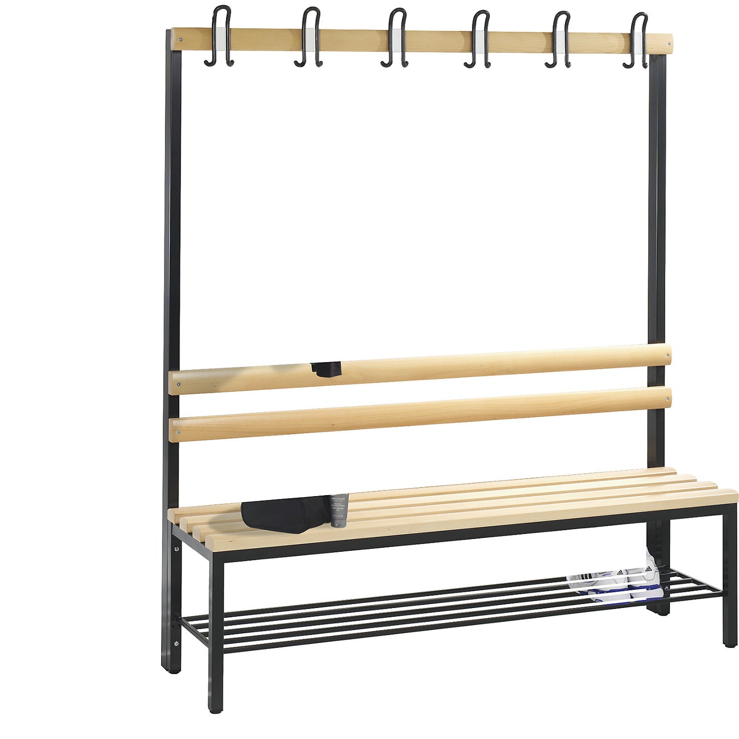 BASIC changing room bench, single sided, beech wood slats, length 1500 mm, shoe rack.