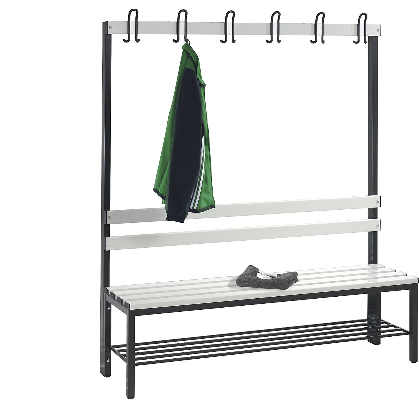 BASIC changing room bench, single sided, plastic slats, length 1500 mm, light grey, shoe rack.