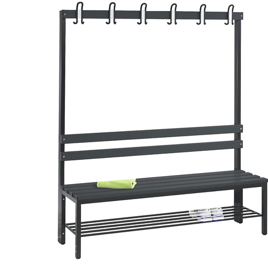 BASIC changing room bench, single sided, plastic slats, length 1500 mm, black grey, shoe rack.