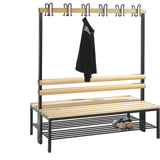BASIC changing room bench, double sided, beech wood slats, length 1500 mm, shoe rack.