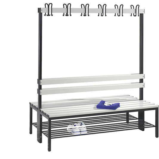 BASIC changing room bench, double sided, plastic slats, length 1500 mm, light grey, shoe rack.