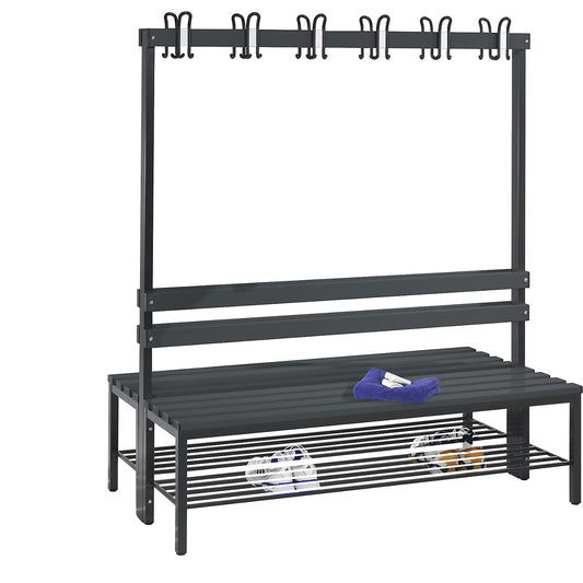 BASIC changing room bench, double sided, plastic slats, length 1500 mm, black grey, shoe rack.