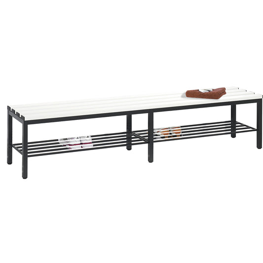 BASIC changing room bench, plastic slats, length 1960 mm, light grey, shoe rack.