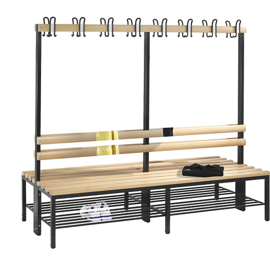 BASIC changing room bench, double sided, beech wood slats, length 1960 mm, shoe rack.