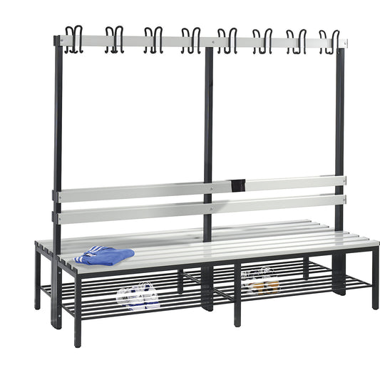BASIC changing room bench, double sided, plastic slats, length 1960 mm, light grey, shoe rack.