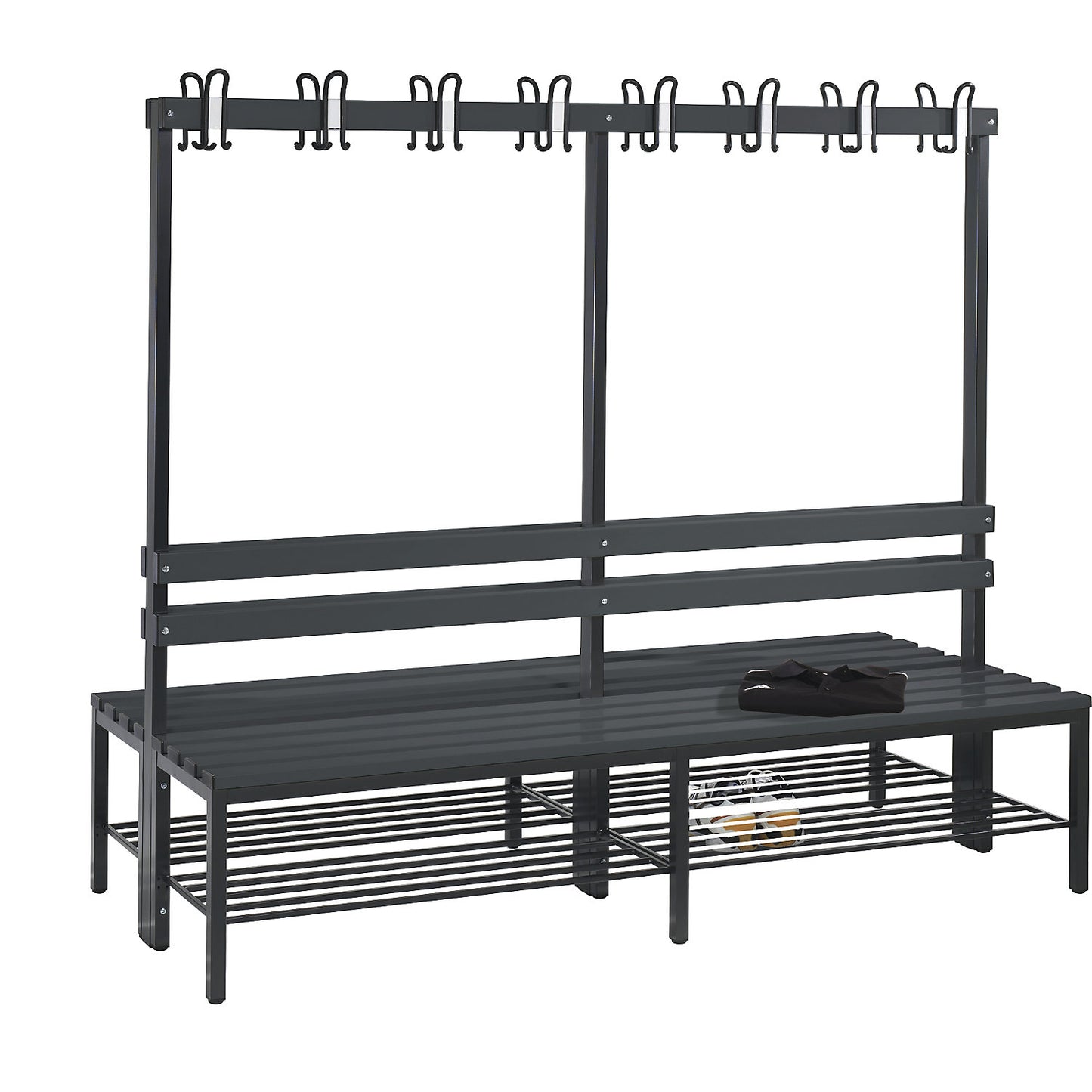 BASIC changing room bench, double sided, plastic slats, length 1960 mm, black grey, shoe rack.