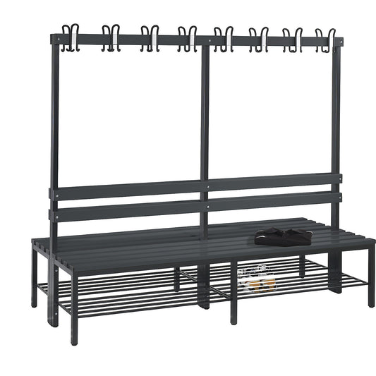 BASIC changing room bench, double sided, plastic slats, length 1960 mm, black grey, shoe rack.