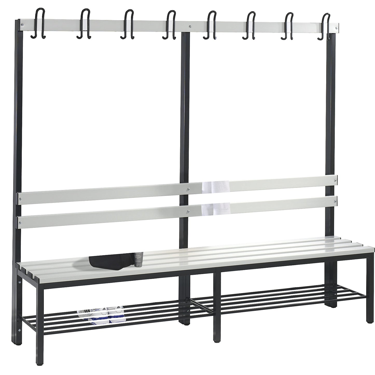 BASIC changing room bench, single sided, plastic slats, length 1960 mm, light grey, shoe rack.