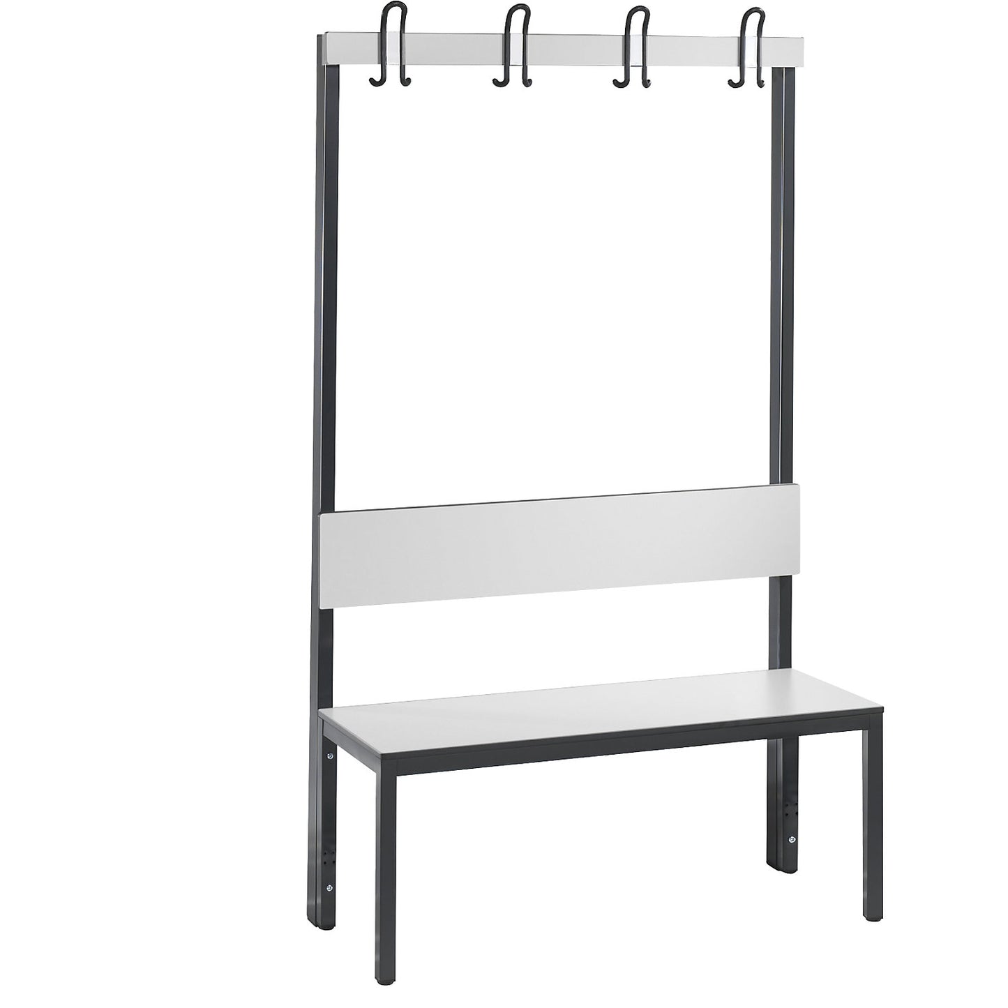 COMFORT changing room bench, single sided, HPL, back rest and hook rail, length 1000 mm, white.