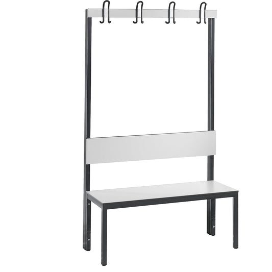 COMFORT changing room bench, single sided, HPL, back rest and hook rail, length 1000 mm, white.