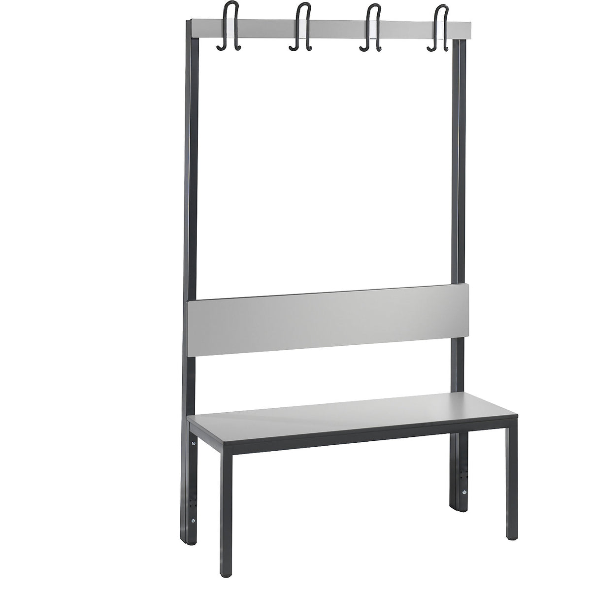 COMFORT changing room bench, single sided, HPL, back rest and hook rail, length 1000 mm, silver grey.