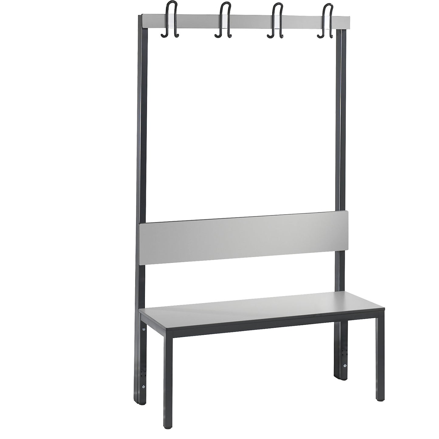 COMFORT changing room bench, single sided, HPL, back rest and hook rail, length 1000 mm, silver grey.