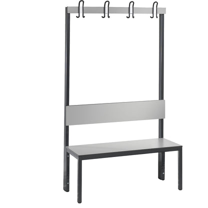 COMFORT changing room bench, single sided, HPL, back rest and hook rail, length 1000 mm, silver grey.