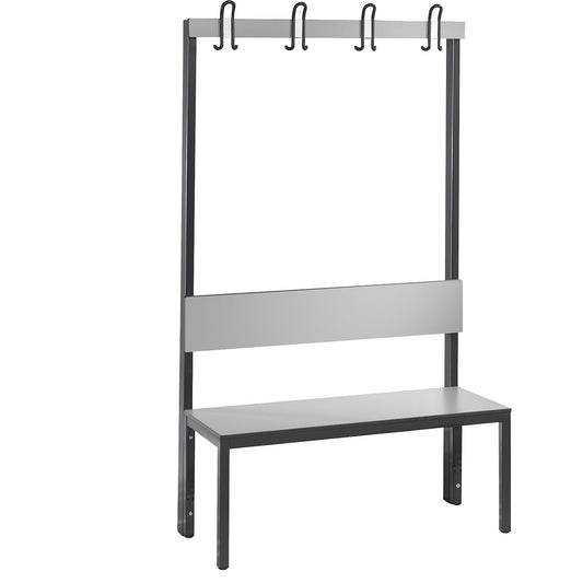 COMFORT changing room bench, single sided, HPL, back rest and hook rail, length 1000 mm, silver grey.
