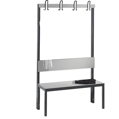 COMFORT changing room bench, single sided, HPL, back rest and hook rail, length 1000 mm, silver grey.