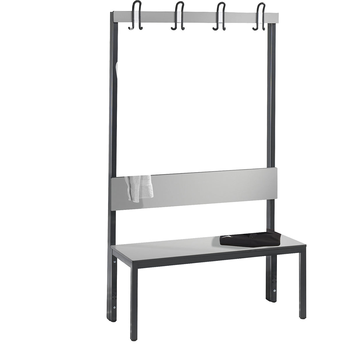 COMFORT changing room bench, single sided, HPL, back rest and hook rail, length 1000 mm, silver grey.