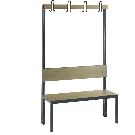 COMFORT changing room bench, single sided, HPL, back rest and hook rail, length 1000 mm, oak finish.