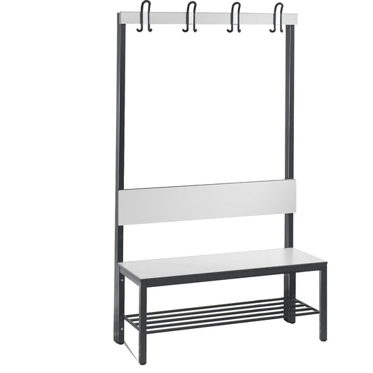 COMFORT changing room bench, single sided, HPL, back rest and hook rail, length 1000 mm, white, shoe rack.