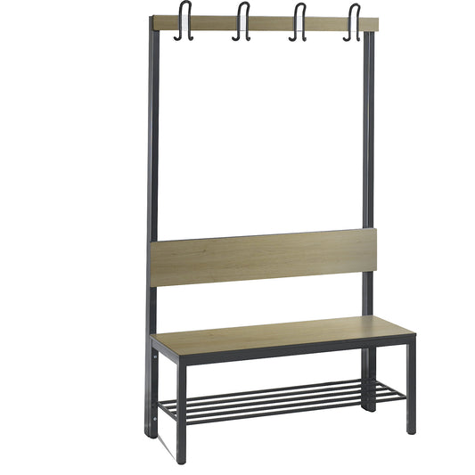 COMFORT changing room bench, single sided, HPL, back rest and hook rail, length 1000 mm, oak finish, shoe rack.