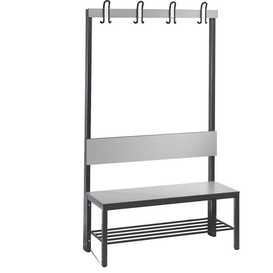 COMFORT changing room bench, single sided, HPL, back rest and hook rail, length 1000 mm, silver grey, shoe rack.
