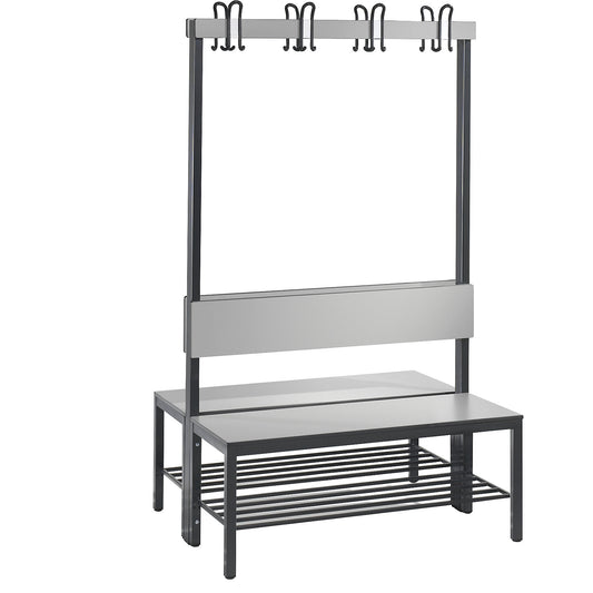 COMFORT changing room bench, double sided, HPL, back rest and hook rail, length 1000 mm, silver grey, shoe rack.