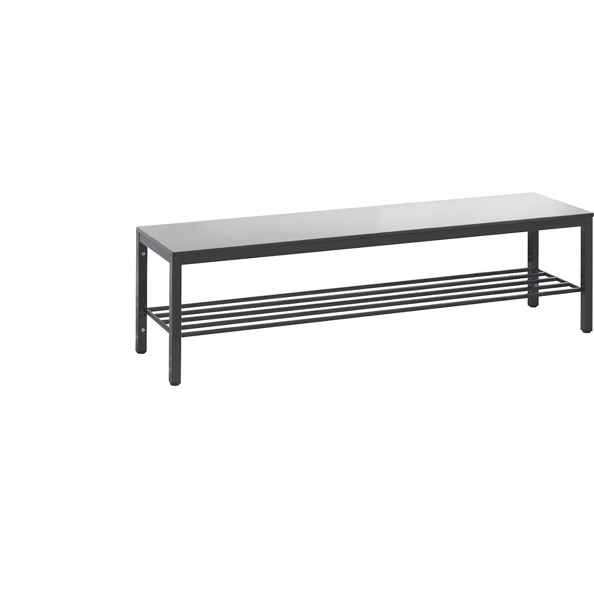 COMFORT changing room bench, HPL seat surface, length 1500 mm, silver grey, shoe rack.