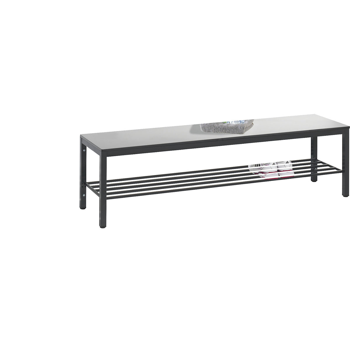 COMFORT changing room bench, HPL seat surface, length 1500 mm, silver grey, shoe rack.