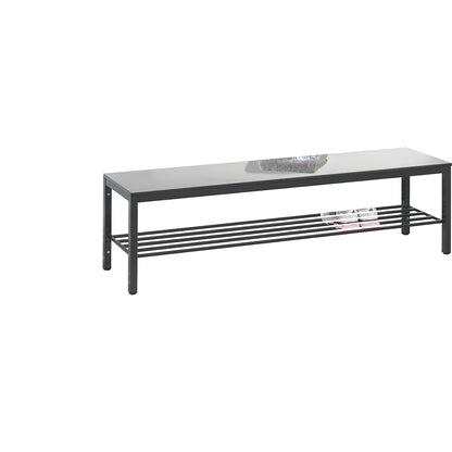 COMFORT changing room bench, HPL seat surface, length 1500 mm, silver grey, shoe rack.