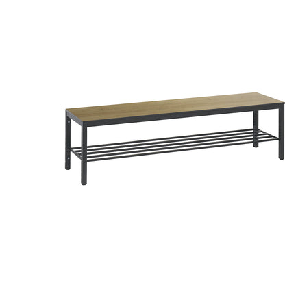 COMFORT changing room bench, HPL seat surface, length 1500 mm, oak finish, shoe rack.