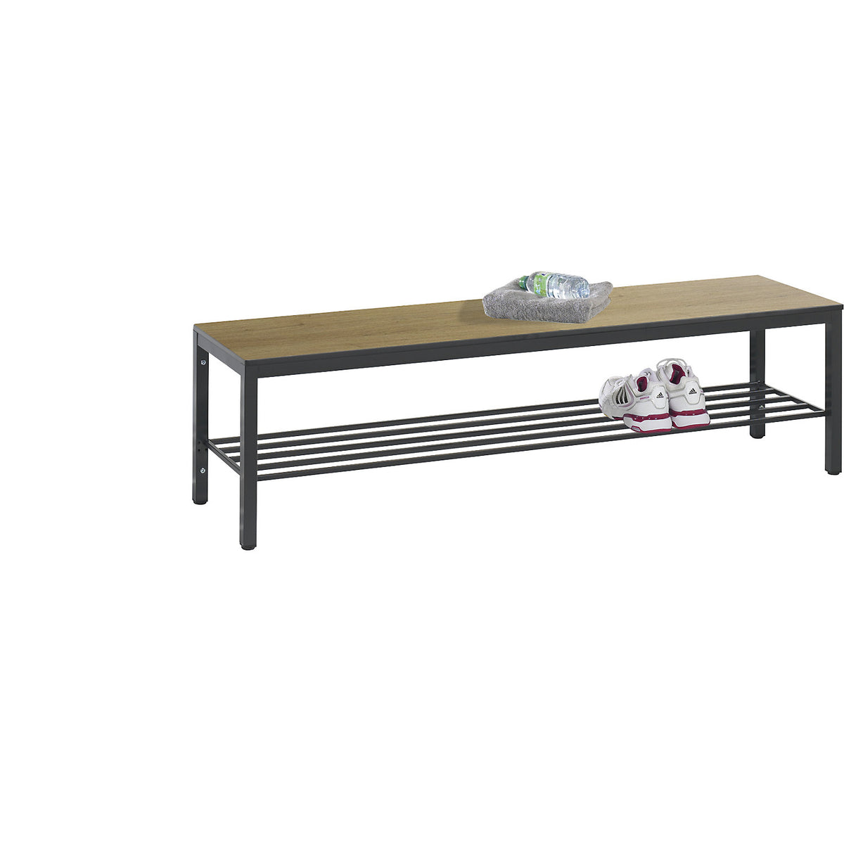 COMFORT changing room bench, HPL seat surface, length 1500 mm, oak finish, shoe rack.