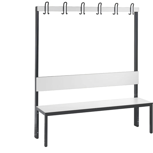 COMFORT changing room bench, single sided, HPL, back rest and hook rail, length 1500 mm, white.