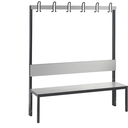 COMFORT changing room bench, single sided, HPL, back rest and hook rail, length 1500 mm, silver grey.
