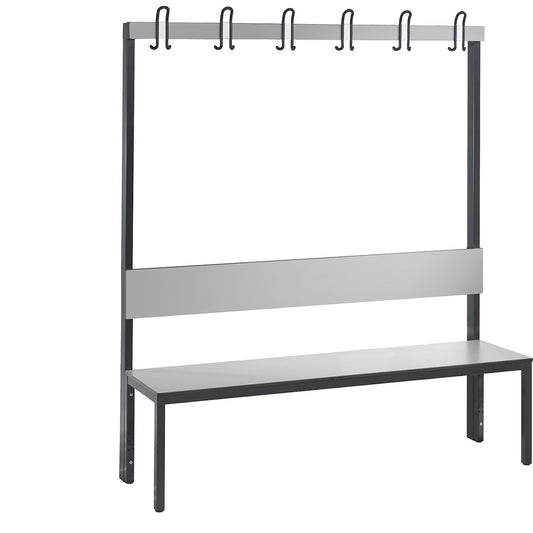 COMFORT changing room bench, single sided, HPL, back rest and hook rail, length 1500 mm, silver grey.
