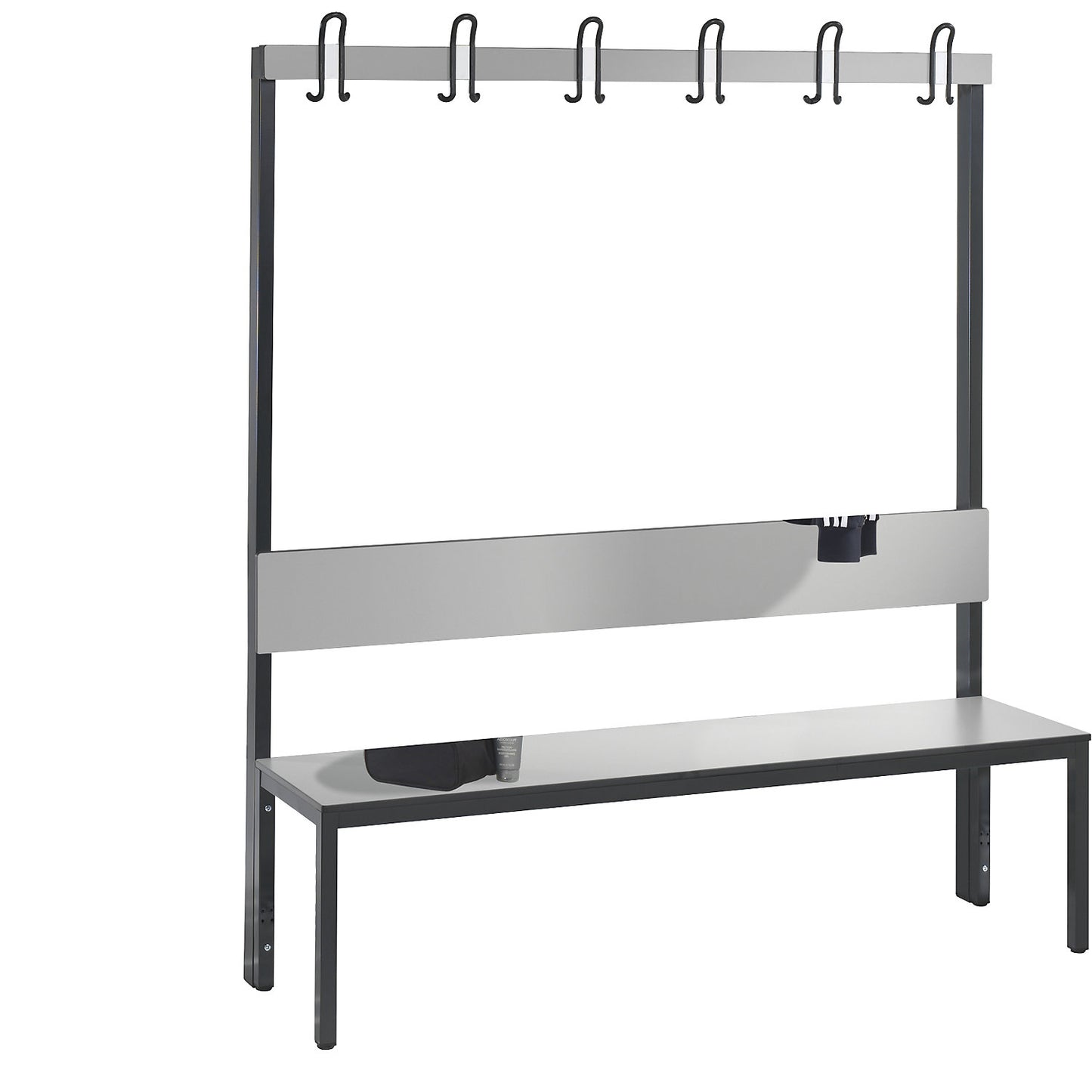 COMFORT changing room bench, single sided, HPL, back rest and hook rail, length 1500 mm, silver grey.