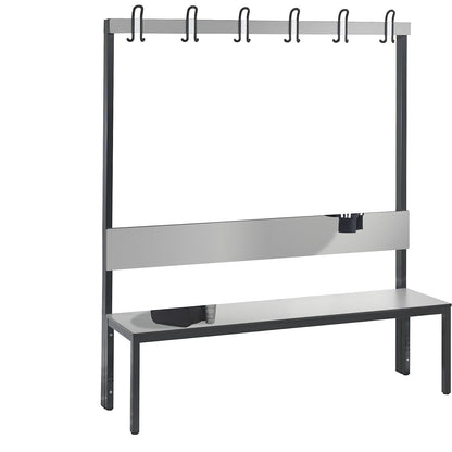 COMFORT changing room bench, single sided, HPL, back rest and hook rail, length 1500 mm, silver grey.
