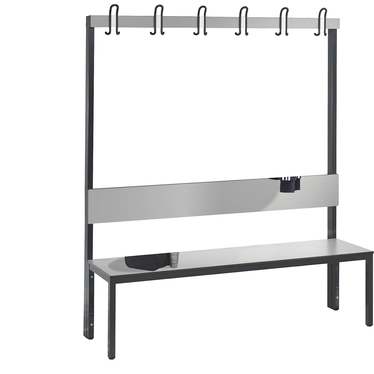 COMFORT changing room bench, single sided, HPL, back rest and hook rail, length 1500 mm, silver grey.