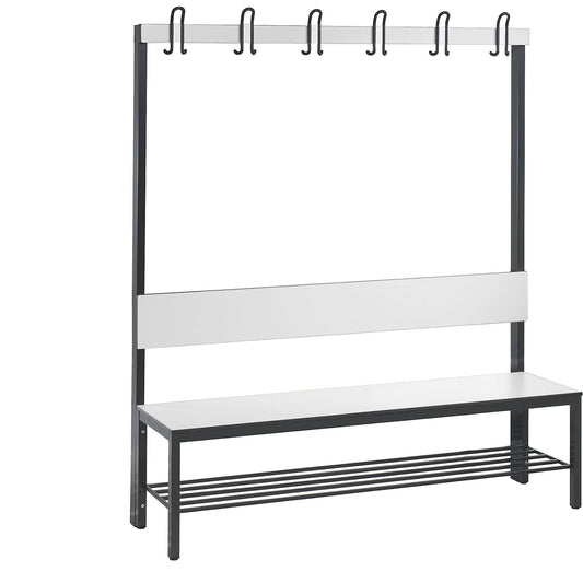 COMFORT changing room bench, single sided, HPL, back rest and hook rail, length 1500 mm, white, shoe rack.